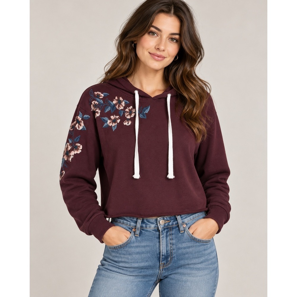 Reflex Cropped Hoodie Burgundy Floral Embroidered Raw Hem M Fall Feminine